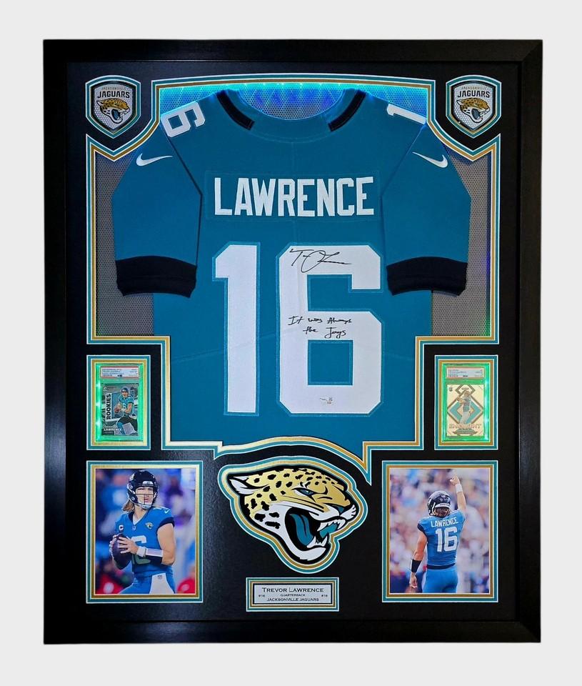 Trevor Lawrence Signed Jaguars Custom Framed LED Nike Jersey Display Inscribed "It Was Always The Jags" with (2) PSA 10 Graded Cards (Fanatics) at PristineAuction.com Trevor Lawrence Signed Jaguars Custom Framed LED Nike Jersey Display Inscribed "It Was Always The Jags" with (2) PSA 10 Graded Cards (Fanatics) at PristineAuction.com