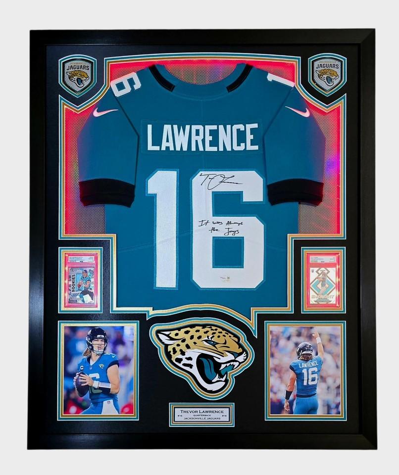 Trevor Lawrence Signed Jaguars Custom Framed LED Nike Jersey Display Inscribed "It Was Always The Jags" with (2) PSA 10 Graded Cards (Fanatics) at PristineAuction.com Trevor Lawrence Signed Jaguars Custom Framed LED Nike Jersey Display Inscribed "It Was Always The Jags" with (2) PSA 10 Graded Cards (Fanatics) at PristineAuction.com