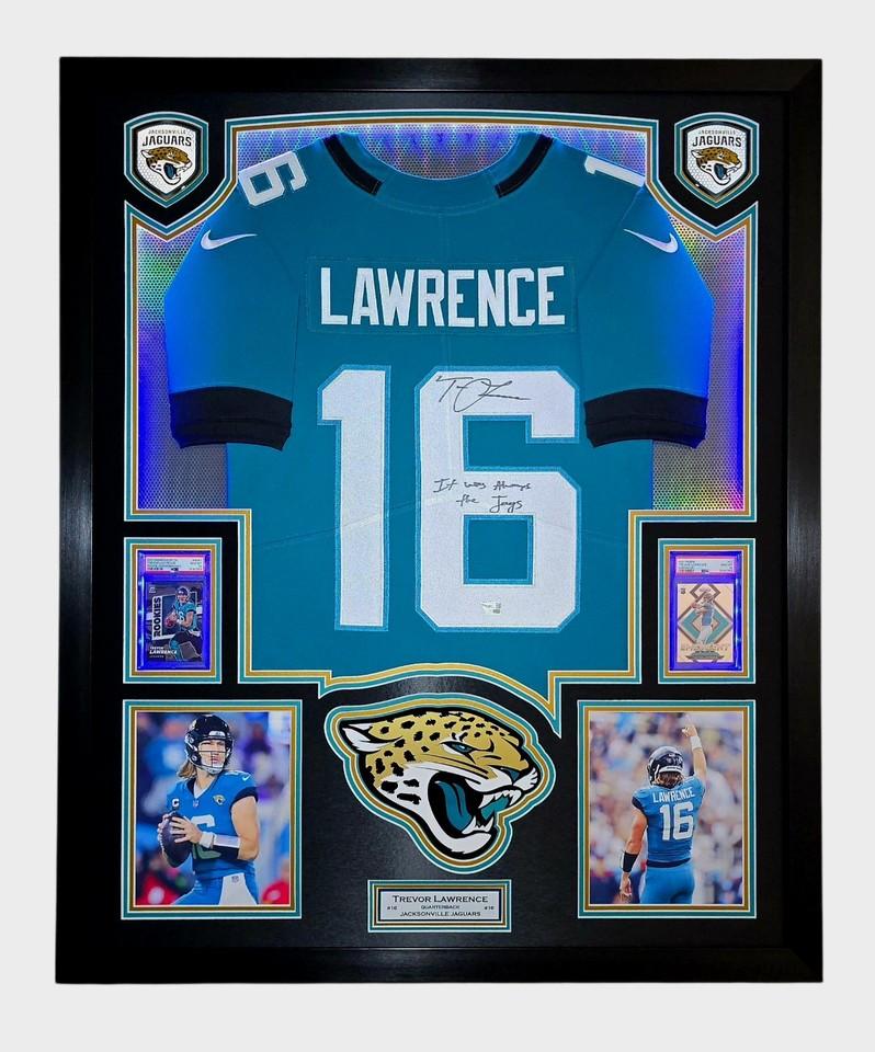 Trevor Lawrence Signed Jaguars Custom Framed LED Nike Jersey Display Inscribed "It Was Always The Jags" with (2) PSA 10 Graded Cards (Fanatics) at PristineAuction.com Trevor Lawrence Signed Jaguars Custom Framed LED Nike Jersey Display Inscribed "It Was Always The Jags" with (2) PSA 10 Graded Cards (Fanatics) at PristineAuction.com