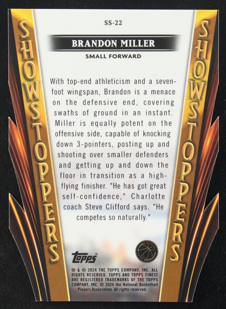 Brandon Miller 2023-24 Finest Showstoppers Die-Cut Refractors #SS22 #73/74 at PristineAuction.com Brandon Miller 2023-24 Finest Showstoppers Die-Cut Refractors #SS22 #73/74 at PristineAuction.com