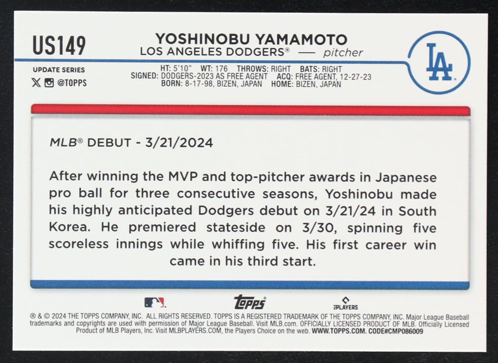 Yoshinobu Yamamoto 2024 Topps Update #US149 RC at PristineAuction.com Yoshinobu Yamamoto 2024 Topps Update #US149 RC at PristineAuction.com