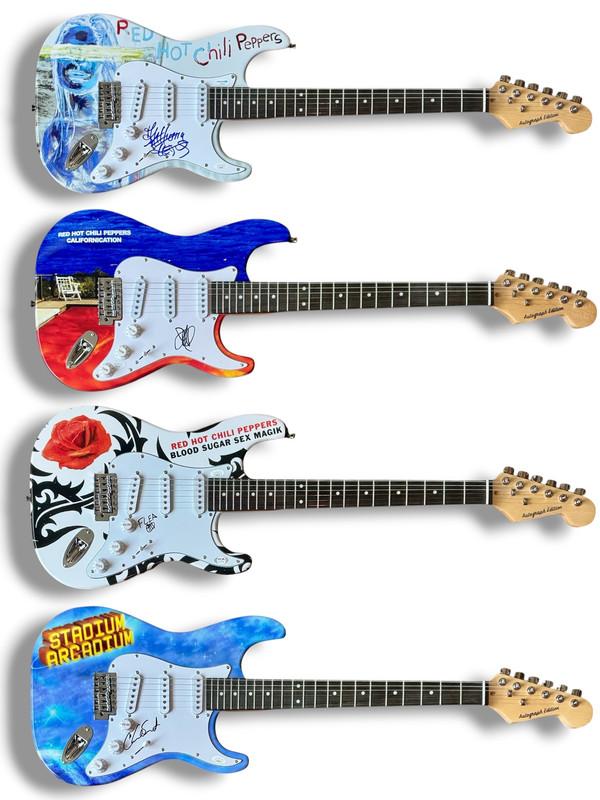 Red Hot Chili Peppers Set of (4) Custom Guitars Band-Signed by (4) with Anthony Kiedis, John Frusciante, Flea & Chad Smith (JSA & PSA) at PristineAuction.com Red Hot Chili Peppers Set of (4) Custom Guitars Band-Signed by (4) with Anthony Kiedis, John Frusciante, Flea & Chad Smith (JSA & PSA) at PristineAuction.com