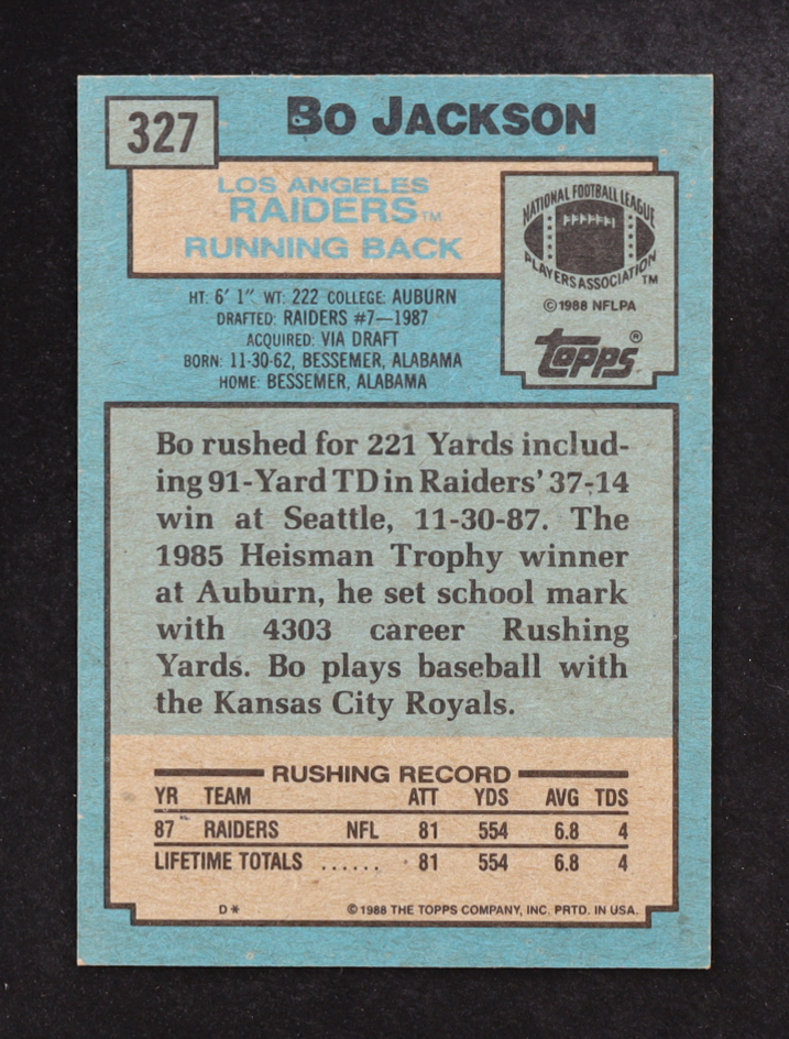 Bo Jackson 1988 Topps #327 SR RC at PristineAuction.com Bo Jackson 1988 Topps #327 SR RC at PristineAuction.com