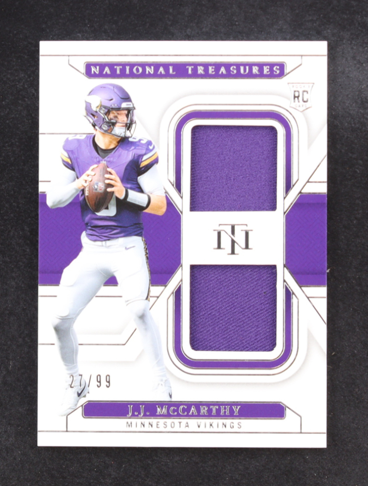 JJ McCarthy 2024 Panini National Treasures Rookie Dual Materials #17 RC #27/99