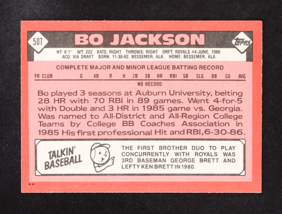 Bo Jackson 1986 Topps Traded #50T XRC RC at PristineAuction.com Bo Jackson 1986 Topps Traded #50T XRC RC at PristineAuction.com