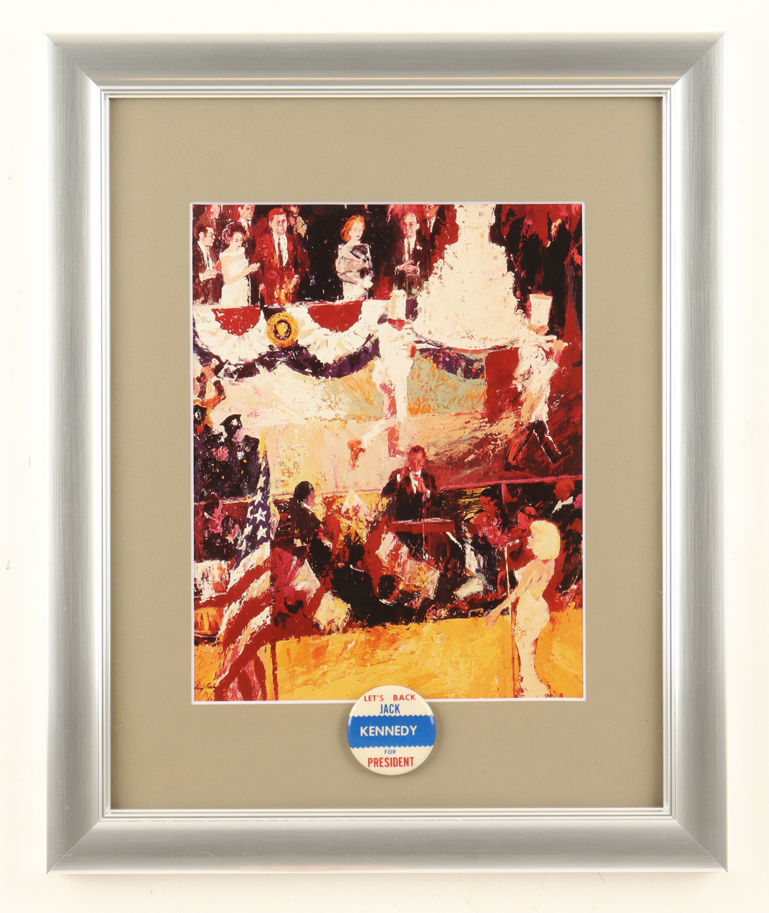 LeRoy Neiman "Marilyn Monroe Sings Happy Birthday To JFK" Custom Framed Print Display With Vintage Kennedy Campaign Pin at PristineAuction.com LeRoy Neiman "Marilyn Monroe Sings Happy Birthday To JFK" Custom Framed Print Display With Vintage Kennedy Campaign Pin at PristineAuction.com