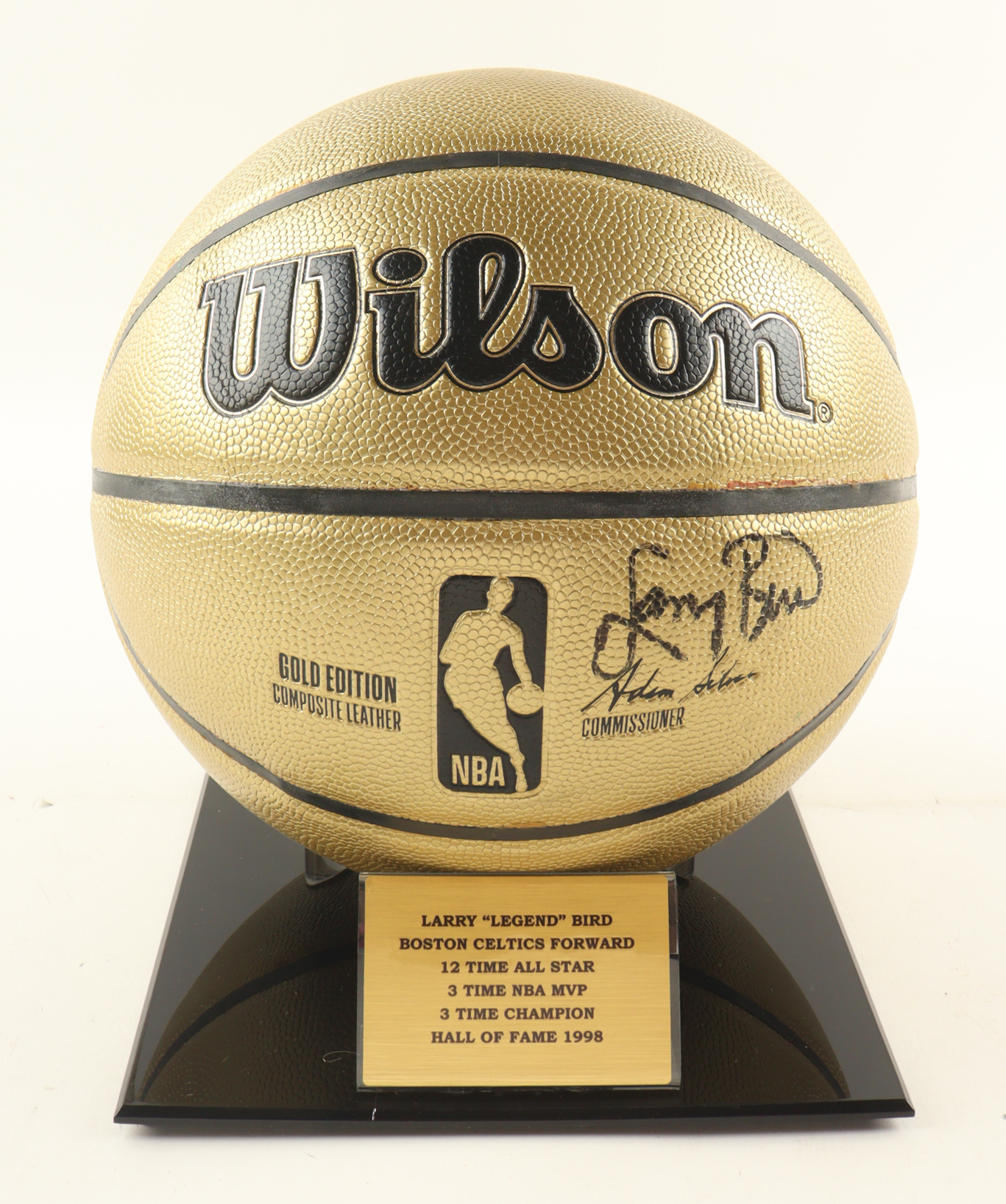 Larry Bird Signed NBA Gold Edition Basketball With Display Stand (PSA) at PristineAuction.com Larry Bird Signed NBA Gold Edition Basketball With Display Stand (PSA) at PristineAuction.com