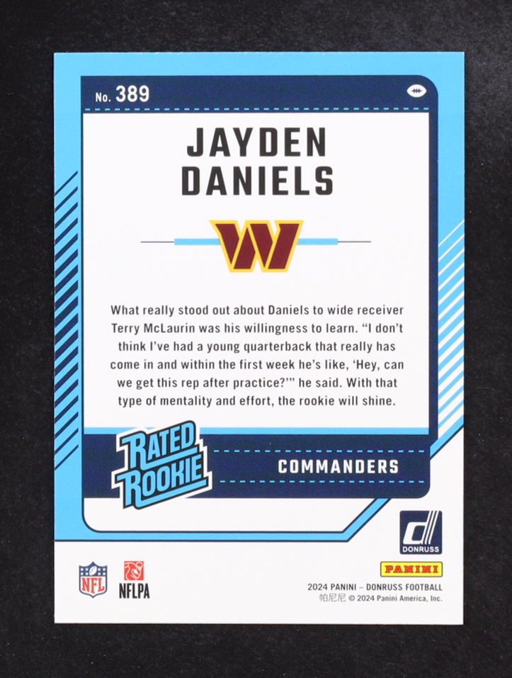 Jayden Daniels 2024 Donruss Press Proof Blue #389 RR RC at PristineAuction.com Jayden Daniels 2024 Donruss Press Proof Blue #389 RR RC at PristineAuction.com