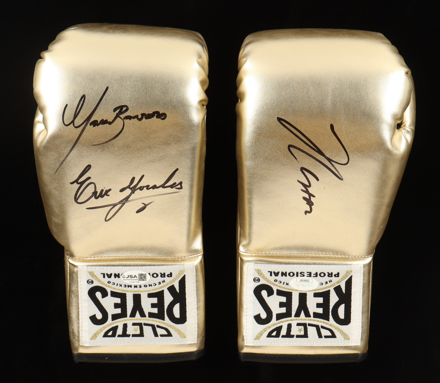 Julio Cessar Chavez, Marco Antonio Barrera & Erik Morales Signed Cleto Reyes Gold Edition Set of (2) Boxing Gloves (JSA) at PristineAuction.com Julio Cessar Chavez, Marco Antonio Barrera & Erik Morales Signed Cleto Reyes Gold Edition Set of (2) Boxing Gloves (JSA) at PristineAuction.com