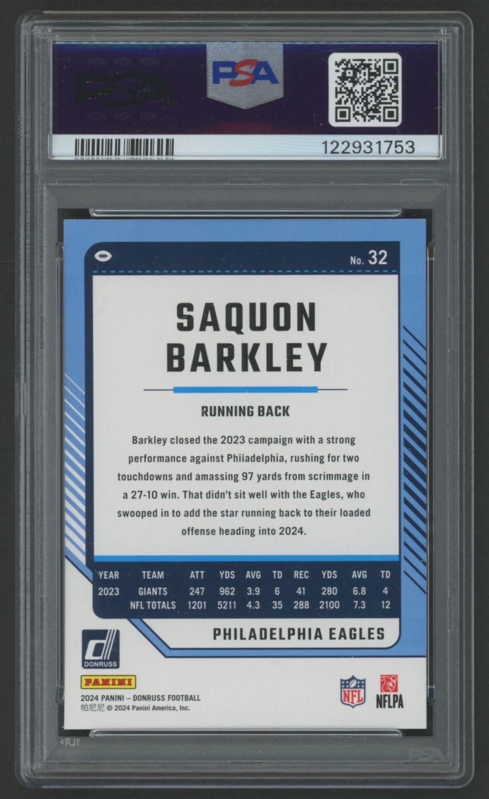 Saquon Barkley 2024 Donruss #32 (PSA 10) at PristineAuction.com Saquon Barkley 2024 Donruss #32 (PSA 10) at PristineAuction.com