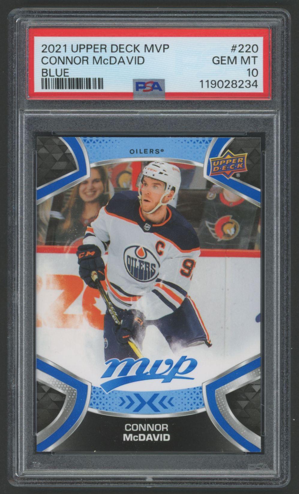 Connor McDavid 2021 Upper Deck MVP Blue #220 (PSA 10) at PristineAuction.com Connor McDavid 2021 Upper Deck MVP Blue #220 (PSA 10) at PristineAuction.com