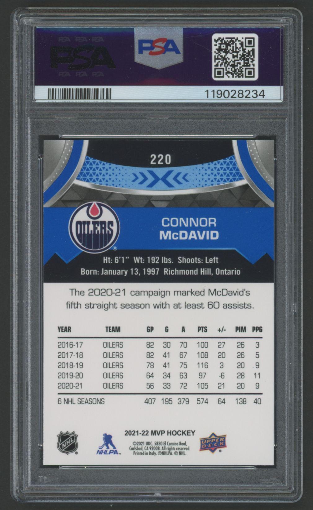 Connor McDavid 2021 Upper Deck MVP Blue #220 (PSA 10) at PristineAuction.com Connor McDavid 2021 Upper Deck MVP Blue #220 (PSA 10) at PristineAuction.com
