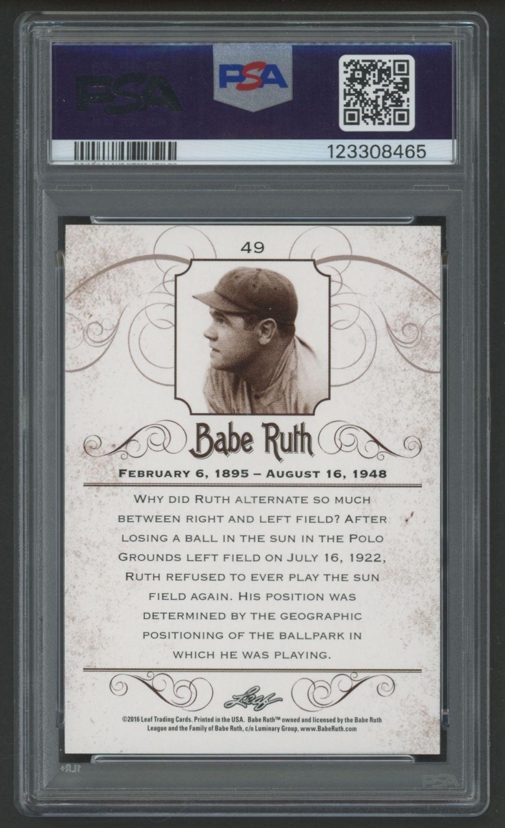 Babe Ruth 2016 Leaf Babe Ruth Collection #49 (PSA 10) at PristineAuction.com Babe Ruth 2016 Leaf Babe Ruth Collection #49 (PSA 10) at PristineAuction.com