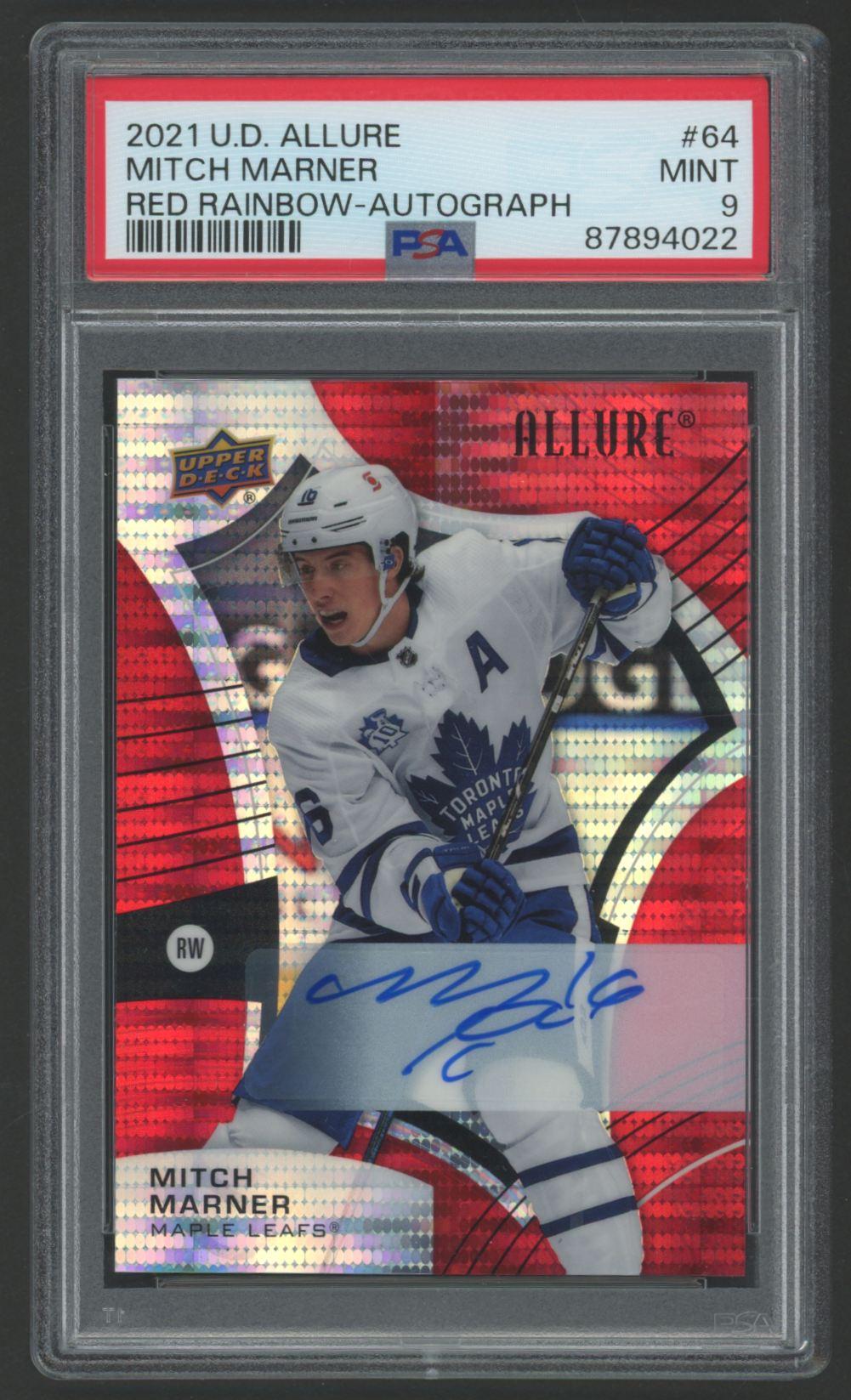 Mitch Marner 2021 Upper Deck Allure Red Rainbow Autograph #64 (PSA 9) at PristineAuction.com Mitch Marner 2021 Upper Deck Allure Red Rainbow Autograph #64 (PSA 9) at PristineAuction.com
