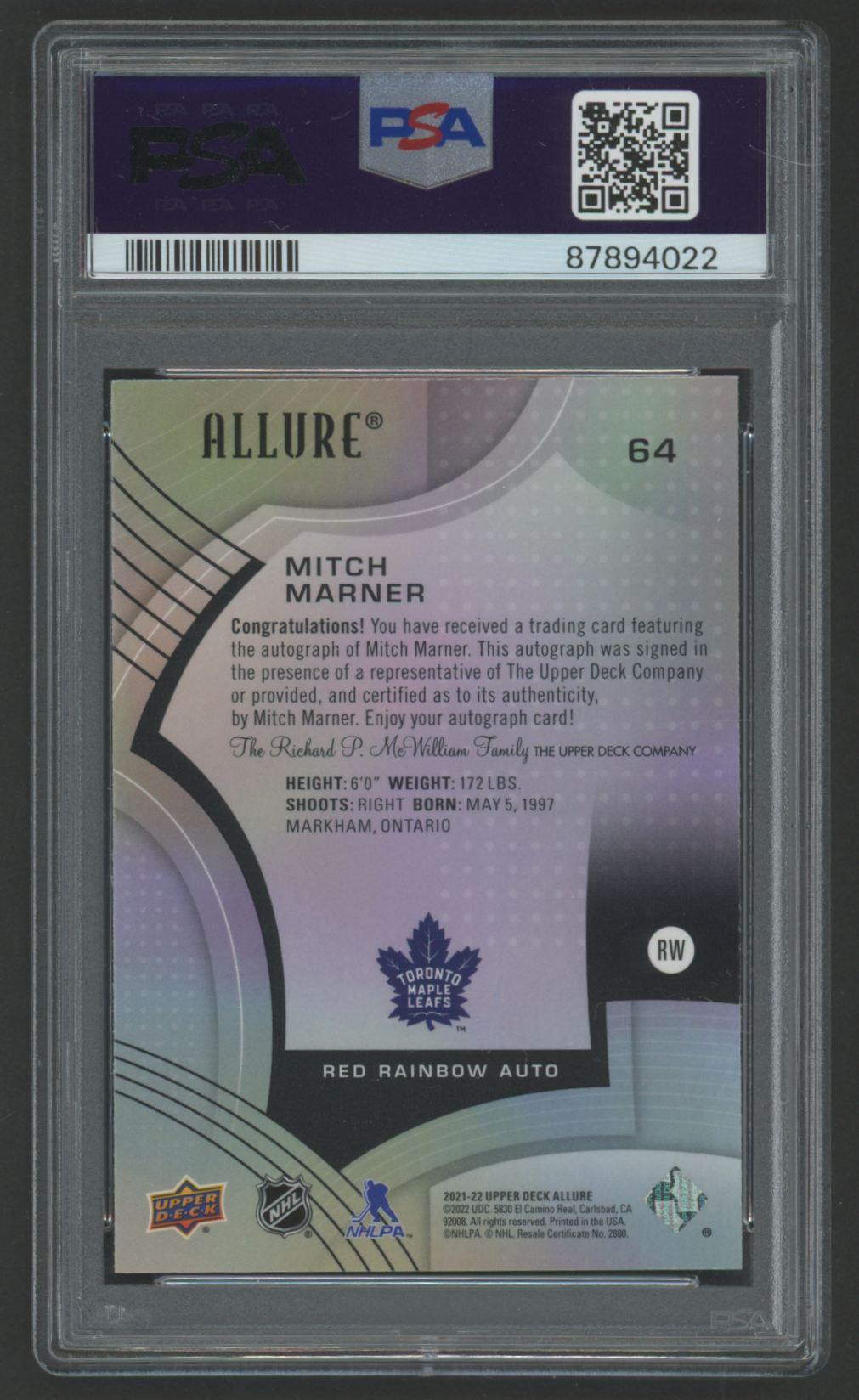 Mitch Marner 2021 Upper Deck Allure Red Rainbow Autograph #64 (PSA 9) at PristineAuction.com Mitch Marner 2021 Upper Deck Allure Red Rainbow Autograph #64 (PSA 9) at PristineAuction.com