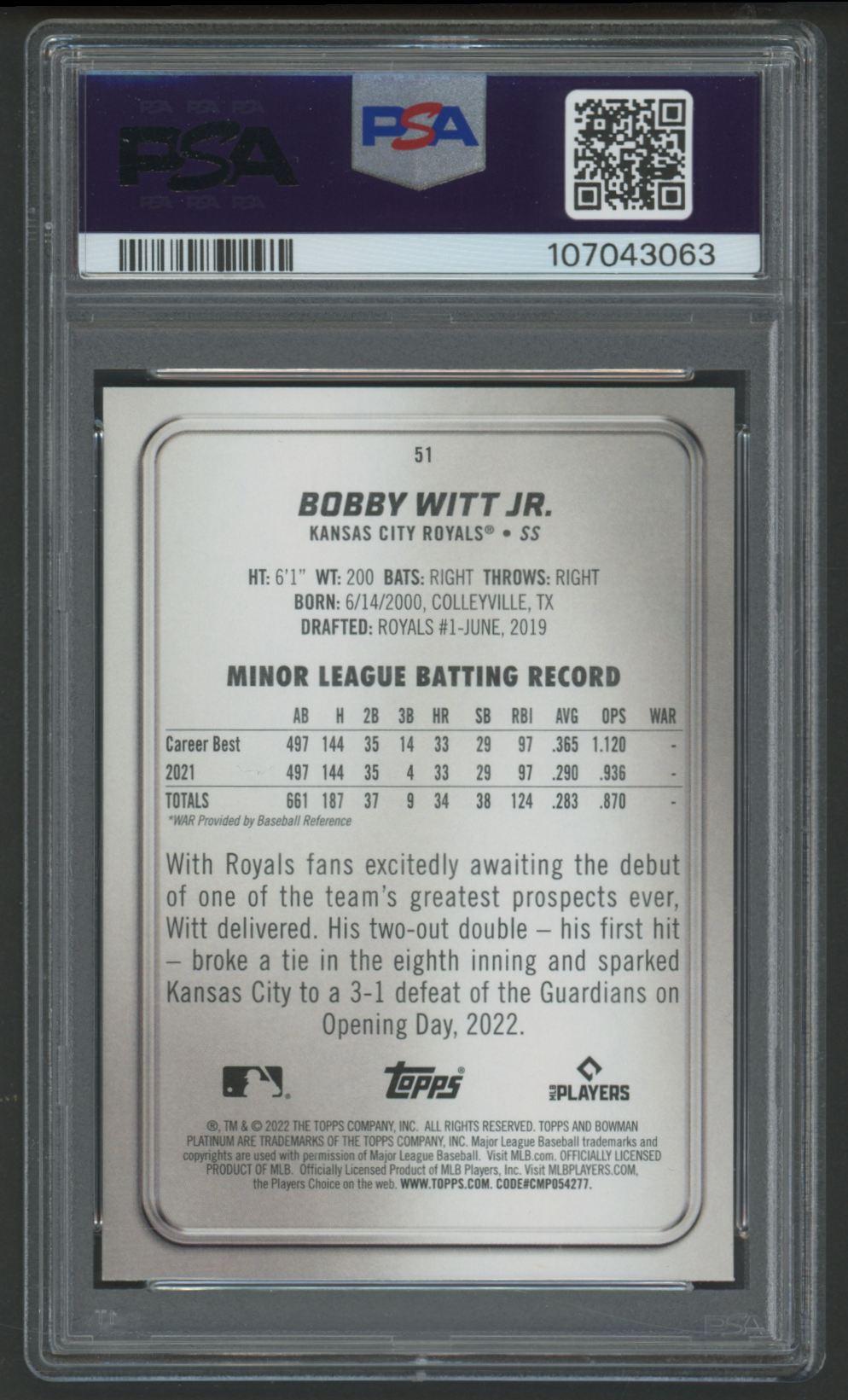 Bobby Witt Jr. 2022 Bowman Platinum #51 RC (PSA 10) at PristineAuction.com Bobby Witt Jr. 2022 Bowman Platinum #51 RC (PSA 10) at PristineAuction.com