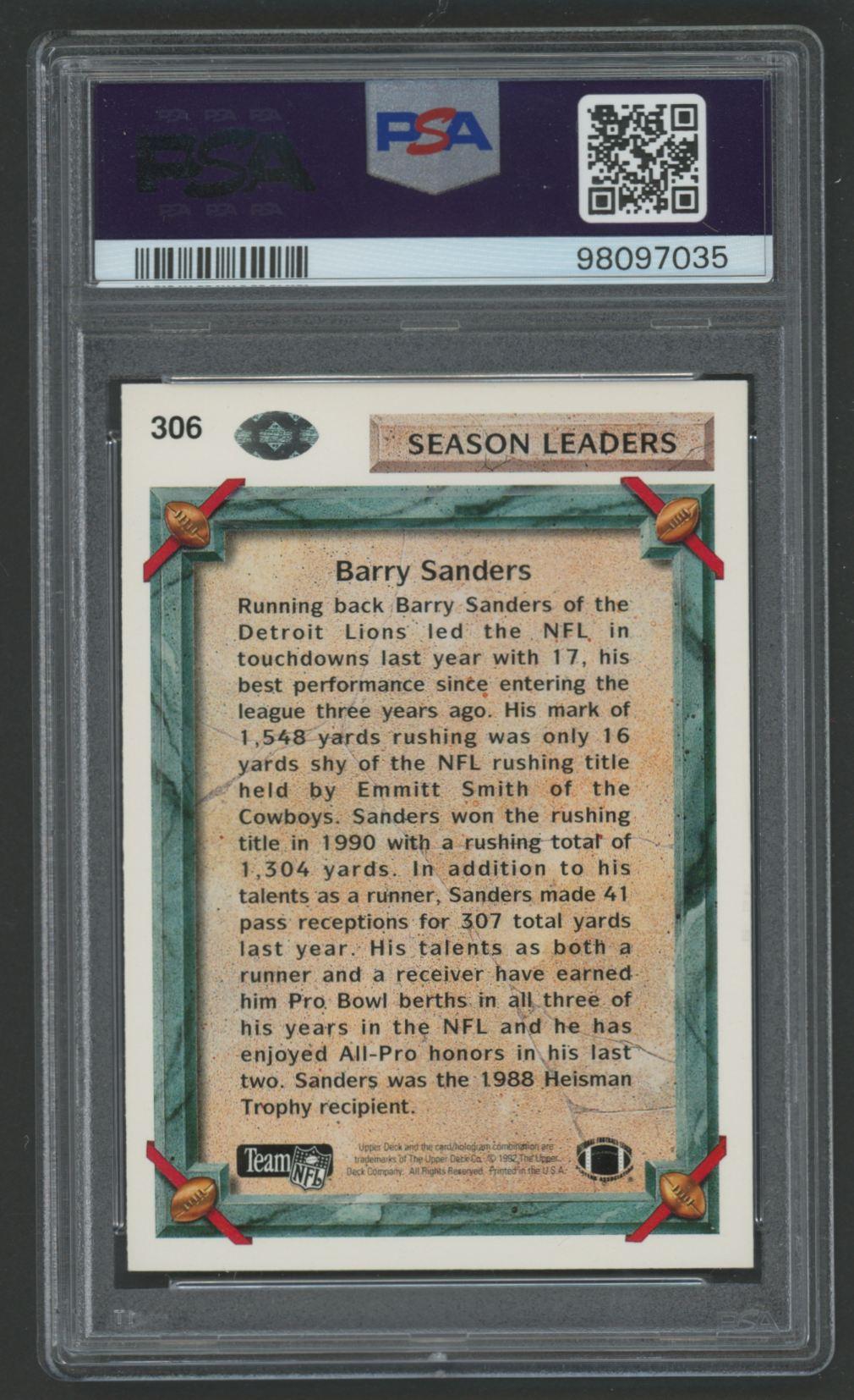 Barry Sanders 1992 Upper Deck #306 (PSA 10) at PristineAuction.com Barry Sanders 1992 Upper Deck #306 (PSA 10) at PristineAuction.com