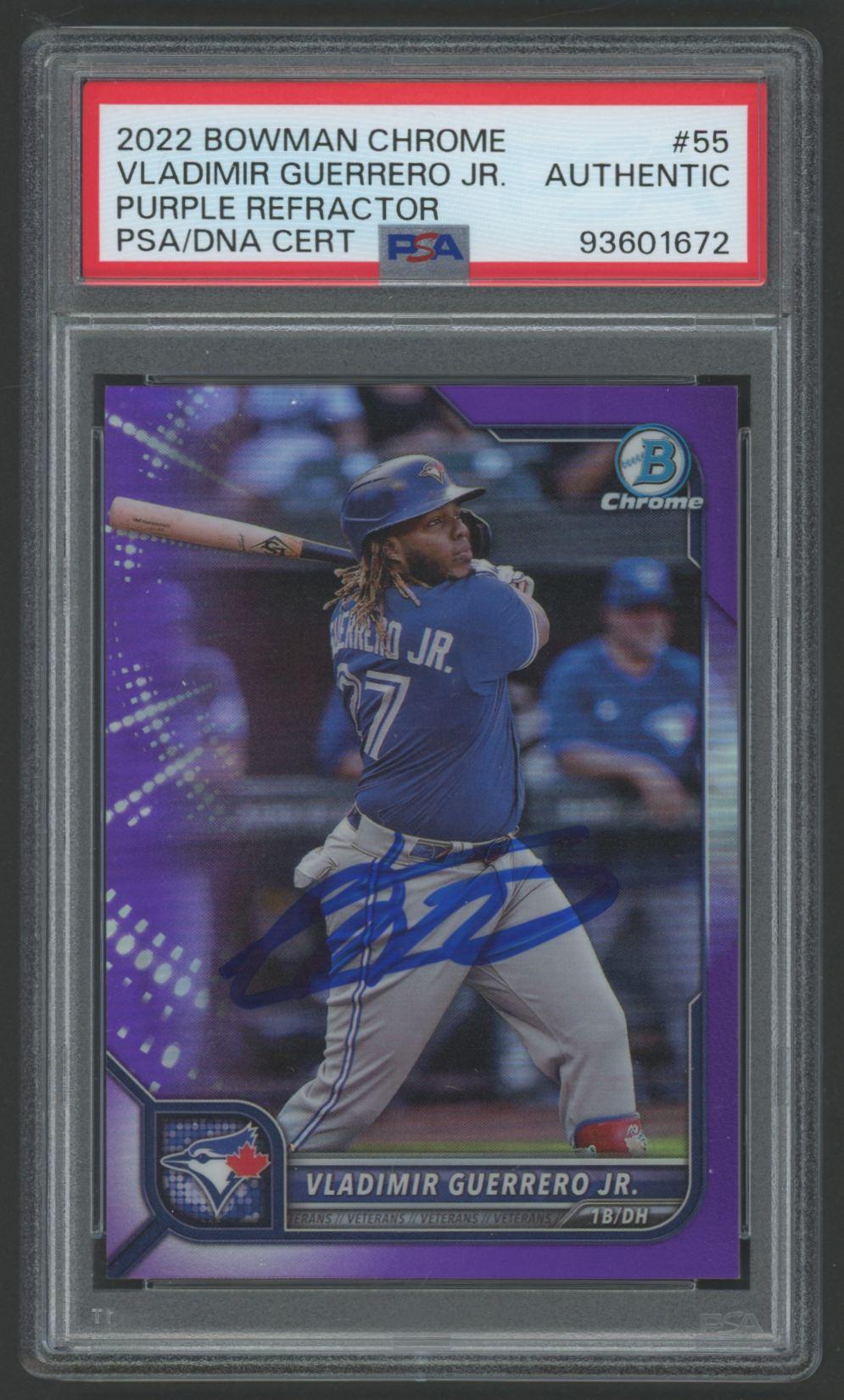 Vladimir Guerrero Jr. Signed 2022 Bowman Chrome Purple Refractor #55 #20/250 (PSA) at PristineAuction.com Vladimir Guerrero Jr. Signed 2022 Bowman Chrome Purple Refractor #55 #20/250 (PSA) at PristineAuction.com