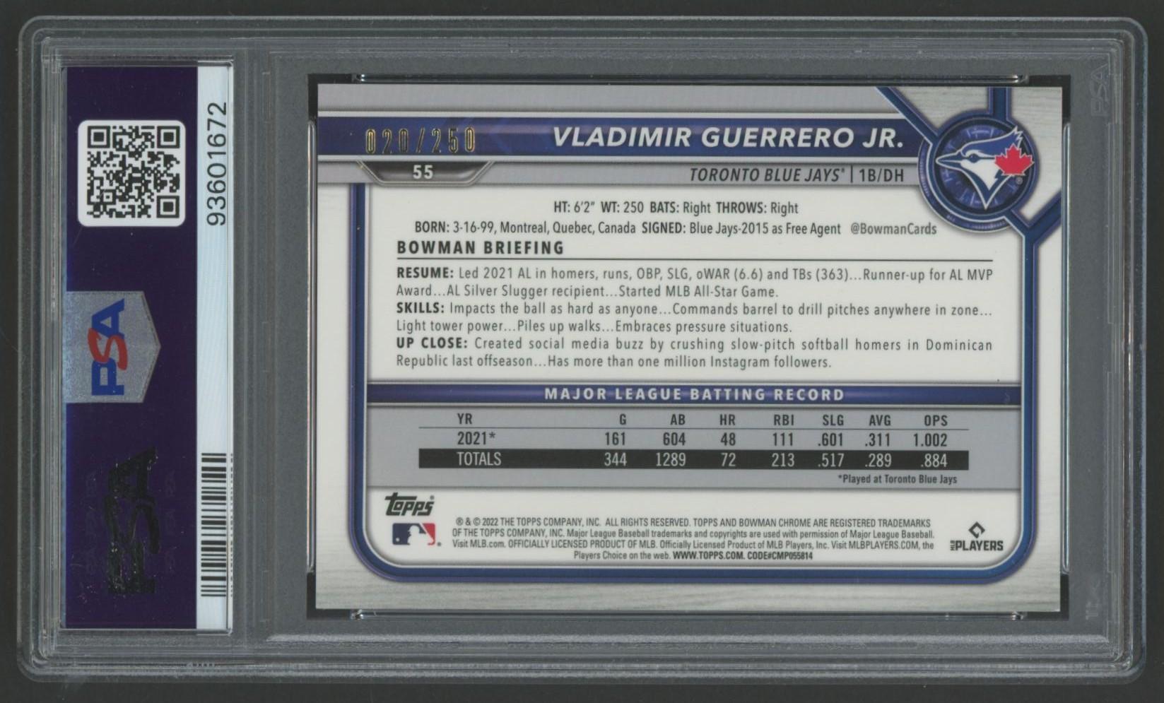 Vladimir Guerrero Jr. Signed 2022 Bowman Chrome Purple Refractor #55 #20/250 (PSA) at PristineAuction.com Vladimir Guerrero Jr. Signed 2022 Bowman Chrome Purple Refractor #55 #20/250 (PSA) at PristineAuction.com