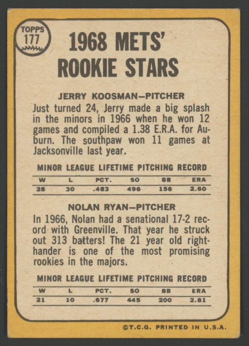 Jerry Koosman / Nolan Ryan 1968 Topps #177 Rookie Stars RC at PristineAuction.com Jerry Koosman / Nolan Ryan 1968 Topps #177 Rookie Stars RC at PristineAuction.com