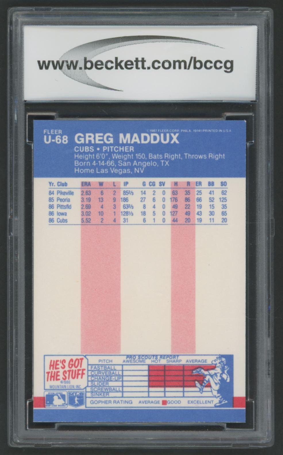 Greg Maddux 1987 Fleer Update Glossy #U68 XRC (BCCG 10) at PristineAuction.com Greg Maddux 1987 Fleer Update Glossy #U68 XRC (BCCG 10) at PristineAuction.com