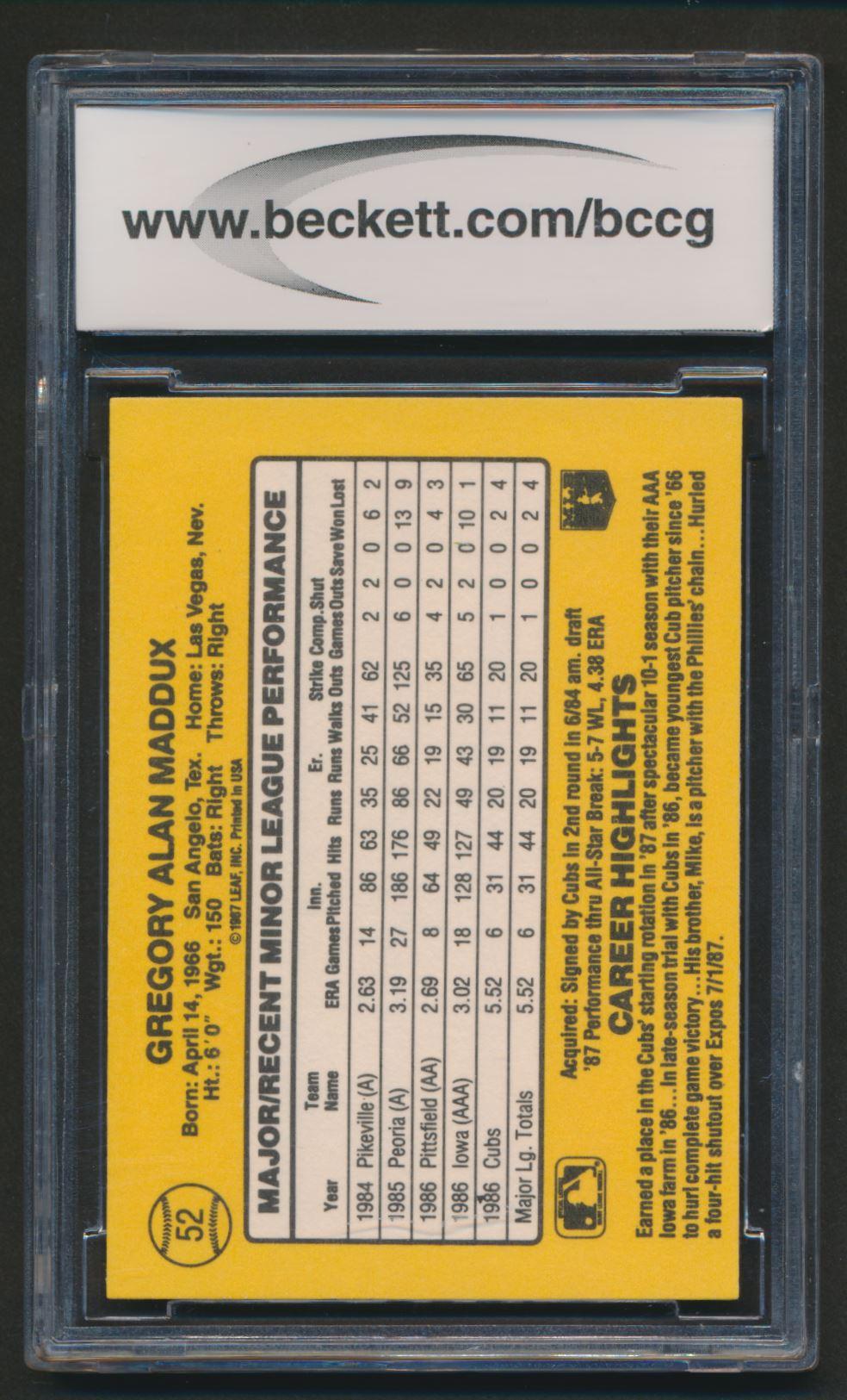 Greg Maddux 1987 Donruss The Rookies #52 (BCCG 10) at PristineAuction.com Greg Maddux 1987 Donruss The Rookies #52 (BCCG 10) at PristineAuction.com