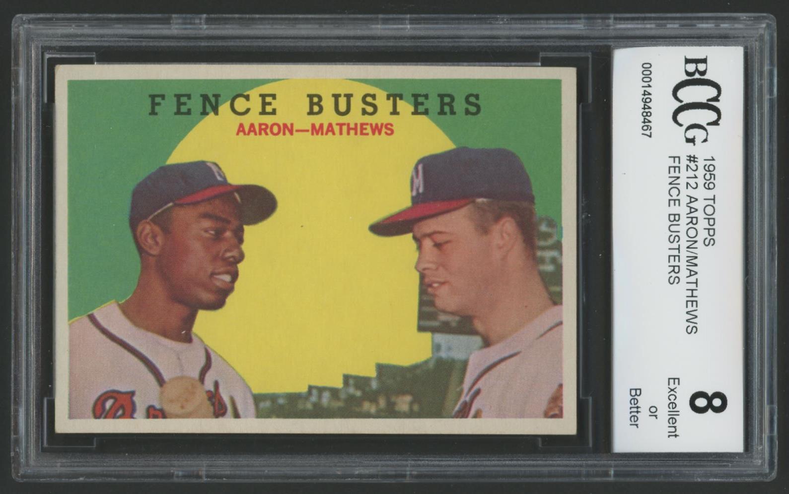 Hank Aaron / Eddie Mathews 1959 Topps #212 Fence Busters (BCCG 8) at PristineAuction.com Hank Aaron / Eddie Mathews 1959 Topps #212 Fence Busters (BCCG 8) at PristineAuction.com
