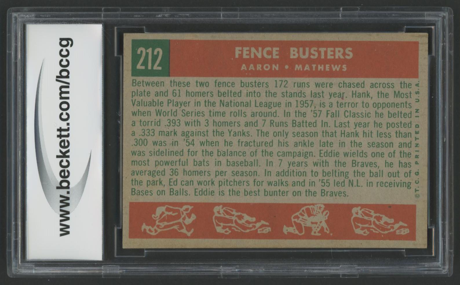 Hank Aaron / Eddie Mathews 1959 Topps #212 Fence Busters (BCCG 8) at PristineAuction.com Hank Aaron / Eddie Mathews 1959 Topps #212 Fence Busters (BCCG 8) at PristineAuction.com