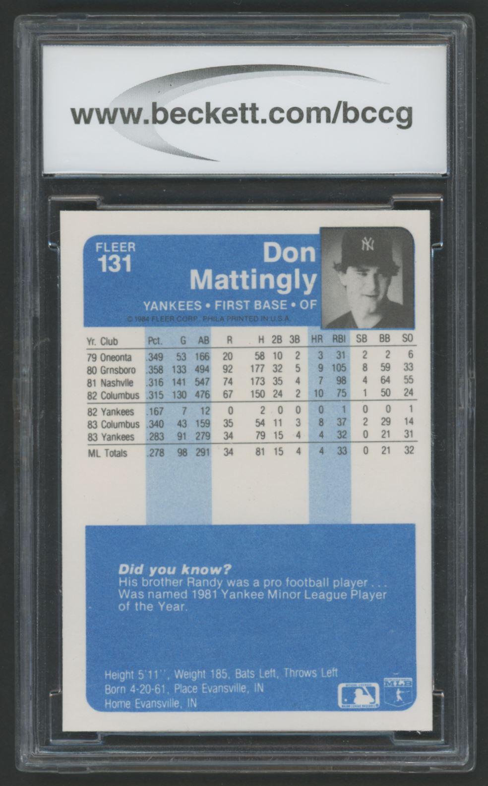 Don Mattingly 1984 Fleer #131 RC (BCCG 10) at PristineAuction.com Don Mattingly 1984 Fleer #131 RC (BCCG 10) at PristineAuction.com