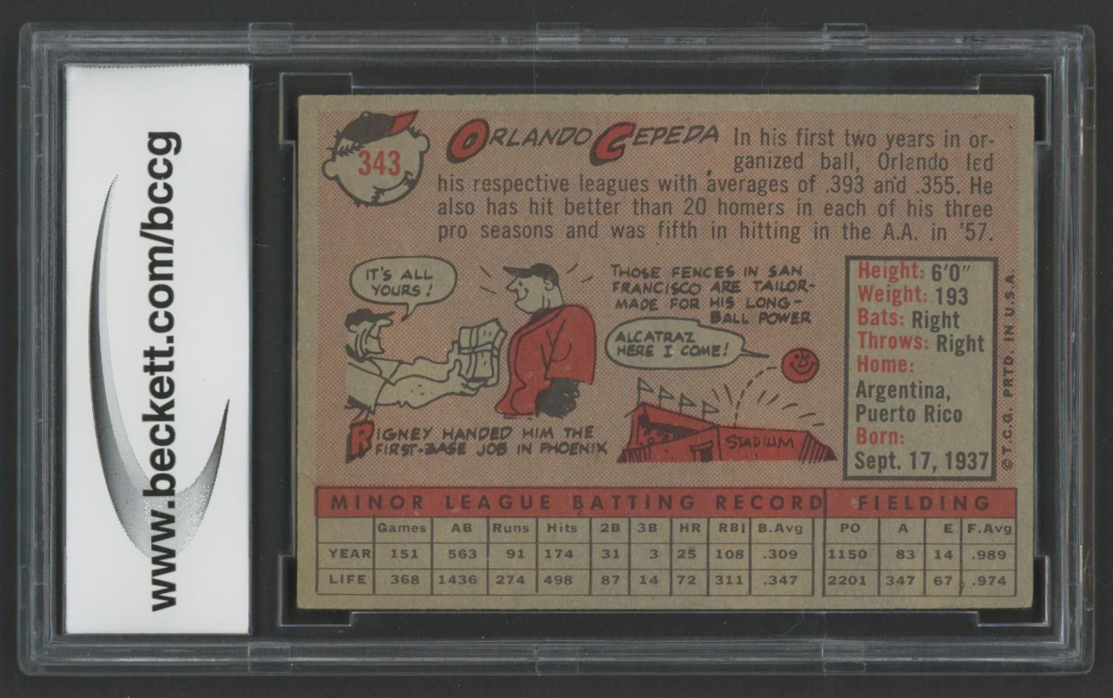 Orlando Cepeda 1958 Topps #343 RC (BCCG 8) at PristineAuction.com Orlando Cepeda 1958 Topps #343 RC (BCCG 8) at PristineAuction.com