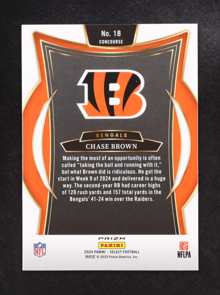 Chase Brown 2024 Select Prizm Zebra Shock #18 at PristineAuction.com Chase Brown 2024 Select Prizm Zebra Shock #18 at PristineAuction.com