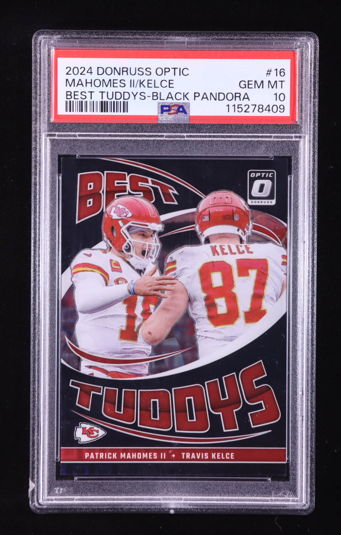 Patrick Mahomes II / Travis Kelce 2024 Donruss Optic Best Tuddys Black Pandora #16 #02/25 (PSA 10) at PristineAuction.com Patrick Mahomes II / Travis Kelce 2024 Donruss Optic Best Tuddys Black Pandora #16 #02/25 (PSA 10) at PristineAuction.com