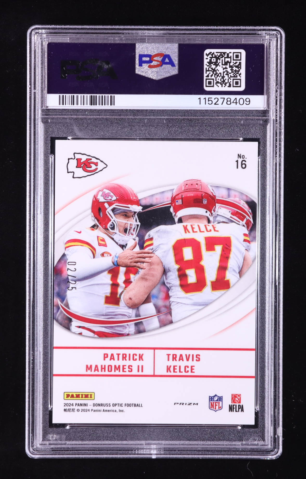 Patrick Mahomes II / Travis Kelce 2024 Donruss Optic Best Tuddys Black Pandora #16 #02/25 (PSA 10) at PristineAuction.com Patrick Mahomes II / Travis Kelce 2024 Donruss Optic Best Tuddys Black Pandora #16 #02/25 (PSA 10) at PristineAuction.com
