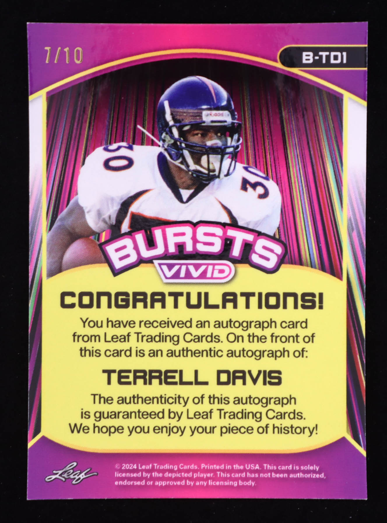 Terrell Davis 2024 Leaf Vivid Bursts Auto #B-TD1 #7/10 at PristineAuction.com Terrell Davis 2024 Leaf Vivid Bursts Auto #B-TD1 #7/10 at PristineAuction.com