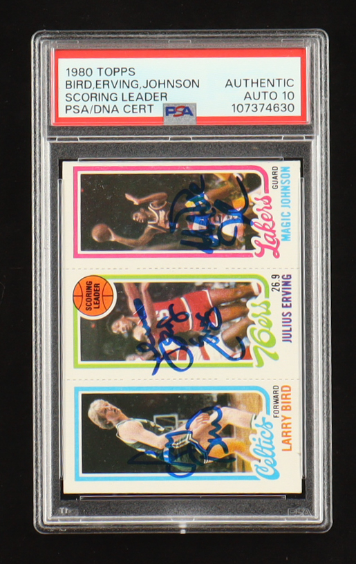 Magic Johnson, Julius "Dr. J" Erving & Larry Bird Signed 1980-81 Topps #6 RC (PSA | Auto 10) at PristineAuction.com Magic Johnson, Julius "Dr. J" Erving & Larry Bird Signed 1980-81 Topps #6 RC (PSA | Auto 10) at PristineAuction.com