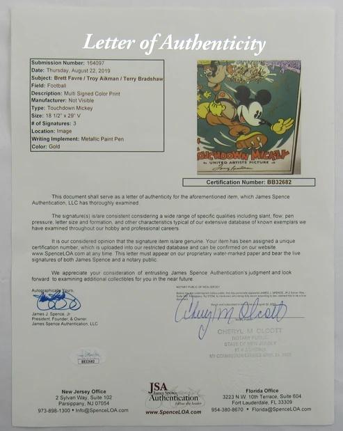 Brett Favre, Troy Aikman & Terry Bradshaw Signed "Mickey Mouse" Custom Framed Poster (JSA) at PristineAuction.com Brett Favre, Troy Aikman & Terry Bradshaw Signed "Mickey Mouse" Custom Framed Poster (JSA) at PristineAuction.com