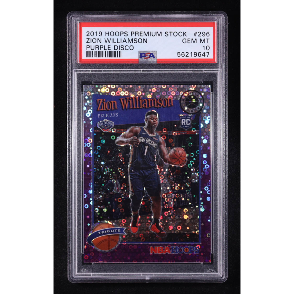 Zion Williamson 2019-20 Hoops Premium Stock Prizms Purple Disco #296 RC (PSA 10) at PristineAuction.com