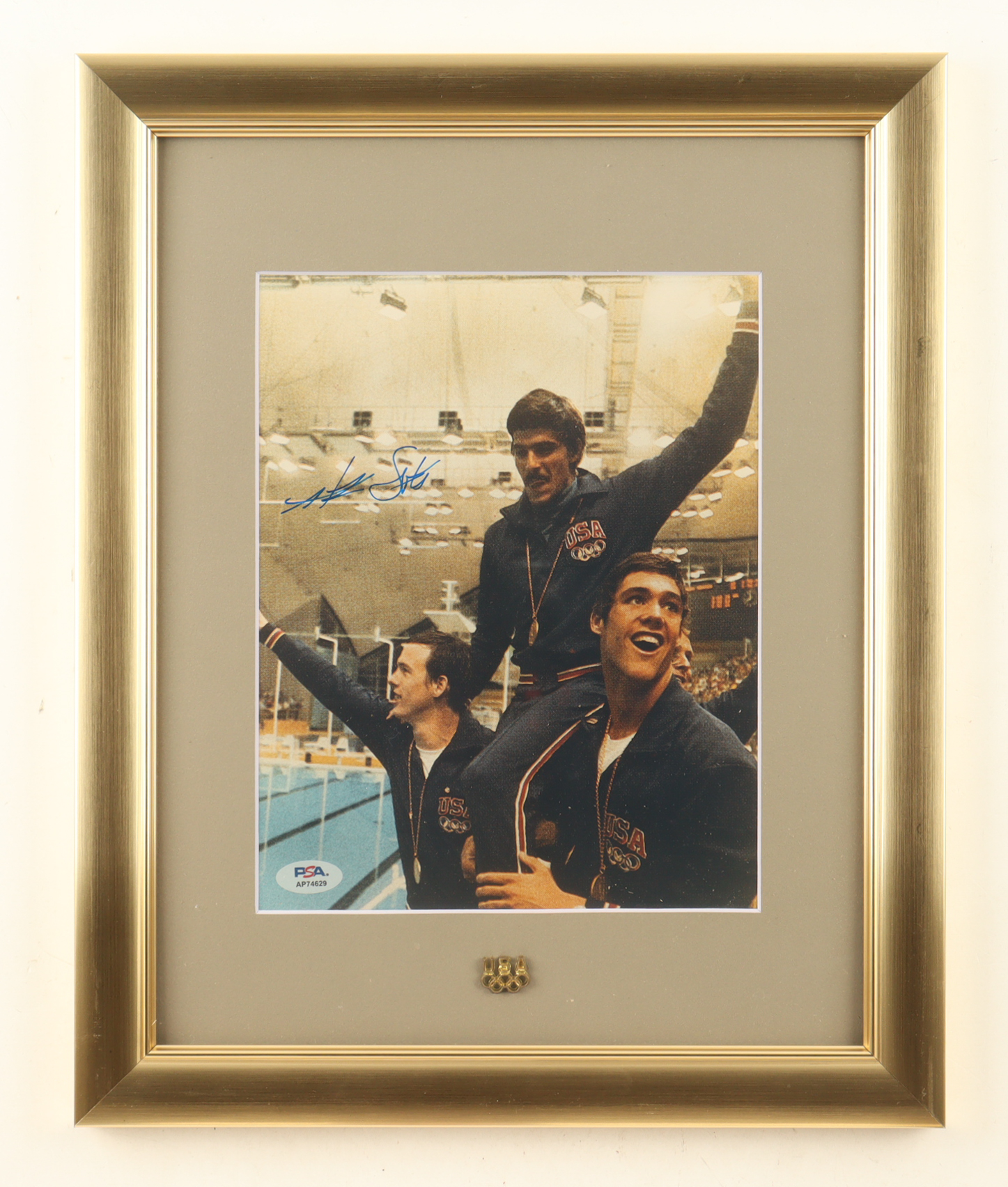 Mark Spitz Signed Team USA Custom Framed Photo Display with Olympics Logo Pin (PSA) at PristineAuction.com Mark Spitz Signed Team USA Custom Framed Photo Display with Olympics Logo Pin (PSA) at PristineAuction.com