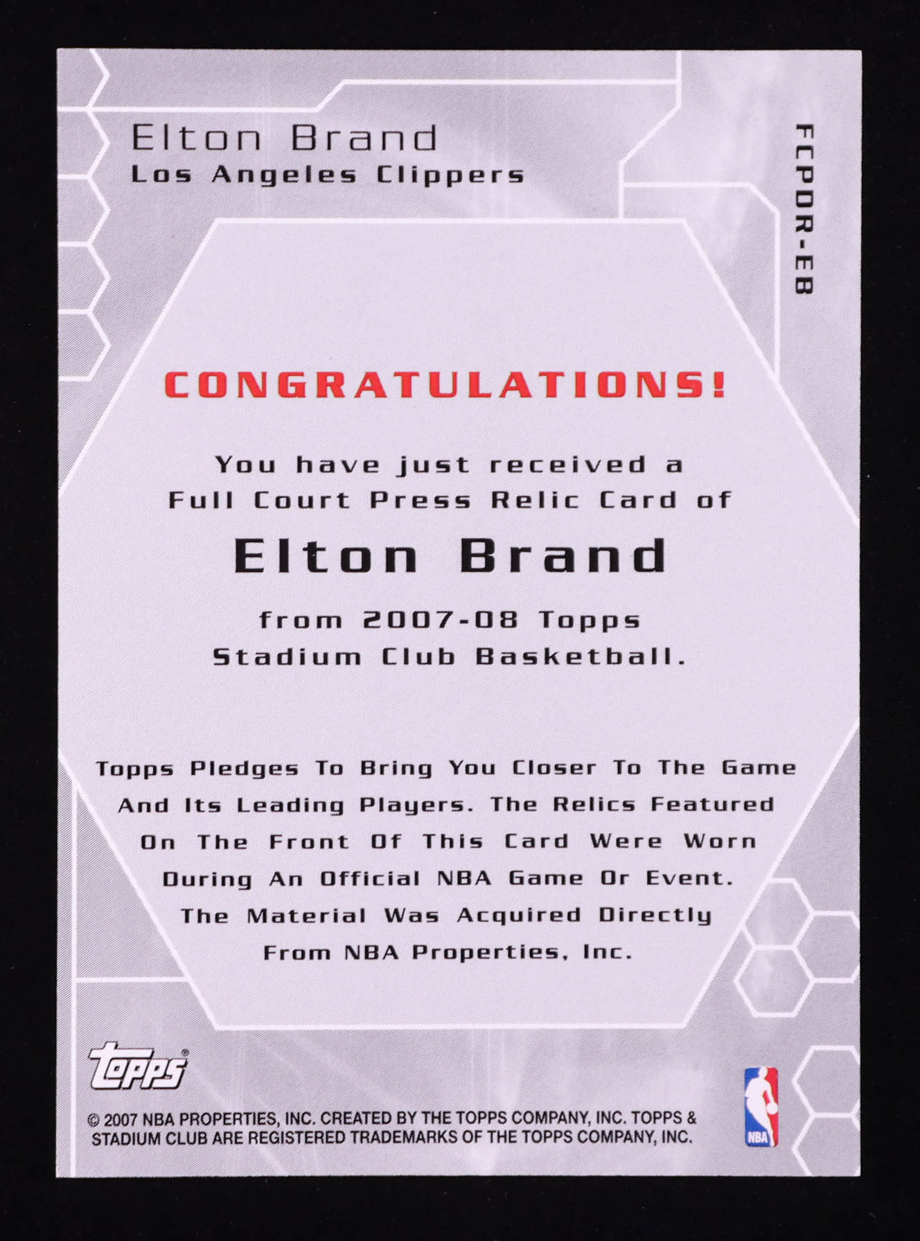 Elton Brand 2007 Topps Stadium Club Full Court Press Relic Triple Patch #FCPDR-EB #044/199 at PristineAuction.com Elton Brand 2007 Topps Stadium Club Full Court Press Relic Triple Patch #FCPDR-EB #044/199 at PristineAuction.com