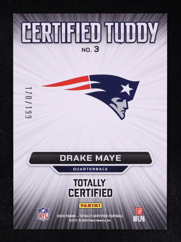 Drake Maye 2024 Totally Certified Certified Tuddy Mirror Blue #3 #170/199 RC at PristineAuction.com Drake Maye 2024 Totally Certified Certified Tuddy Mirror Blue #3 #170/199 RC at PristineAuction.com