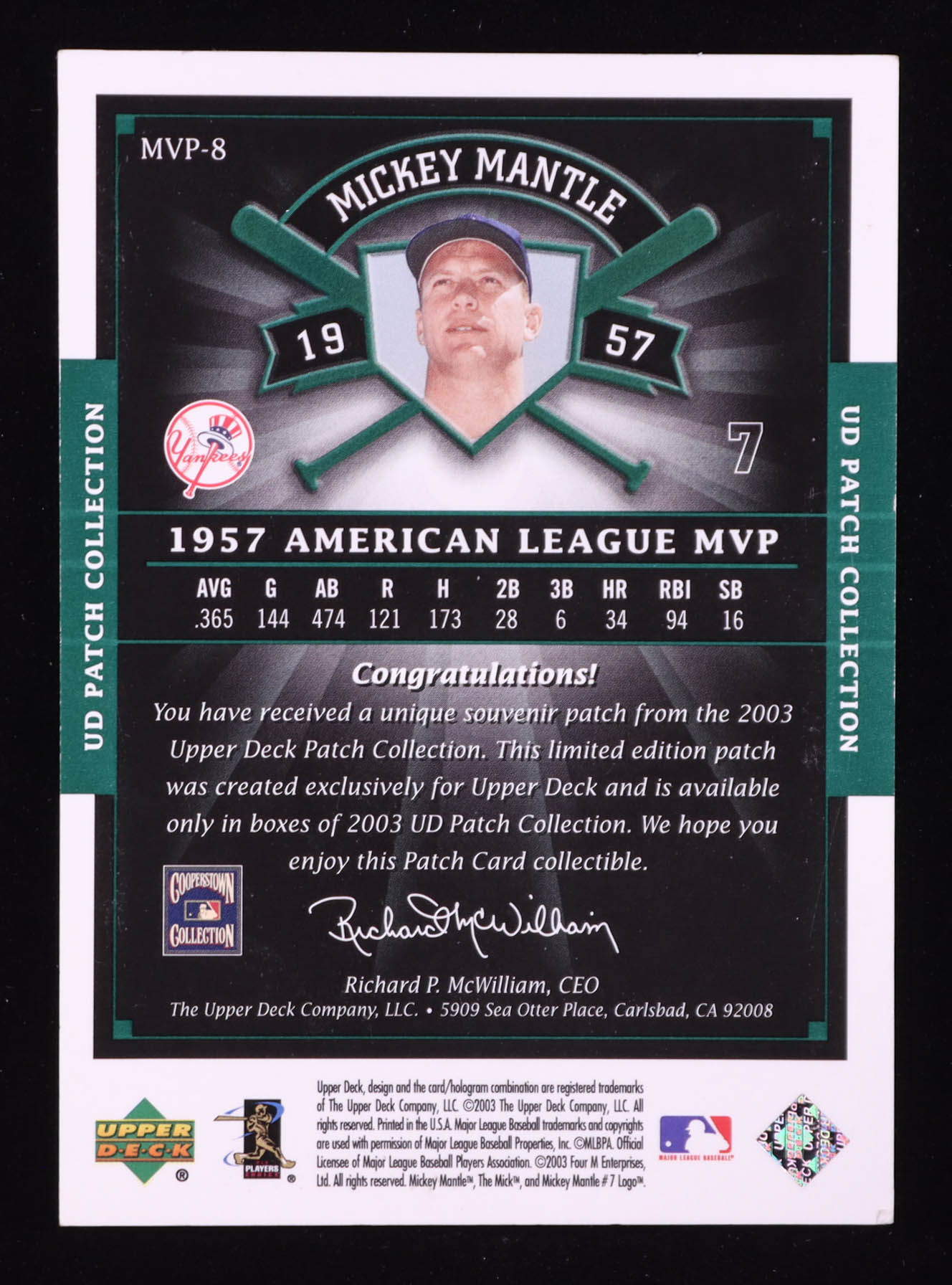 Mickey Mantle 2003 Upper Deck Up Patch Collection 1957 AL MVP #MVP-8 at PristineAuction.com Mickey Mantle 2003 Upper Deck Up Patch Collection 1957 AL MVP #MVP-8 at PristineAuction.com