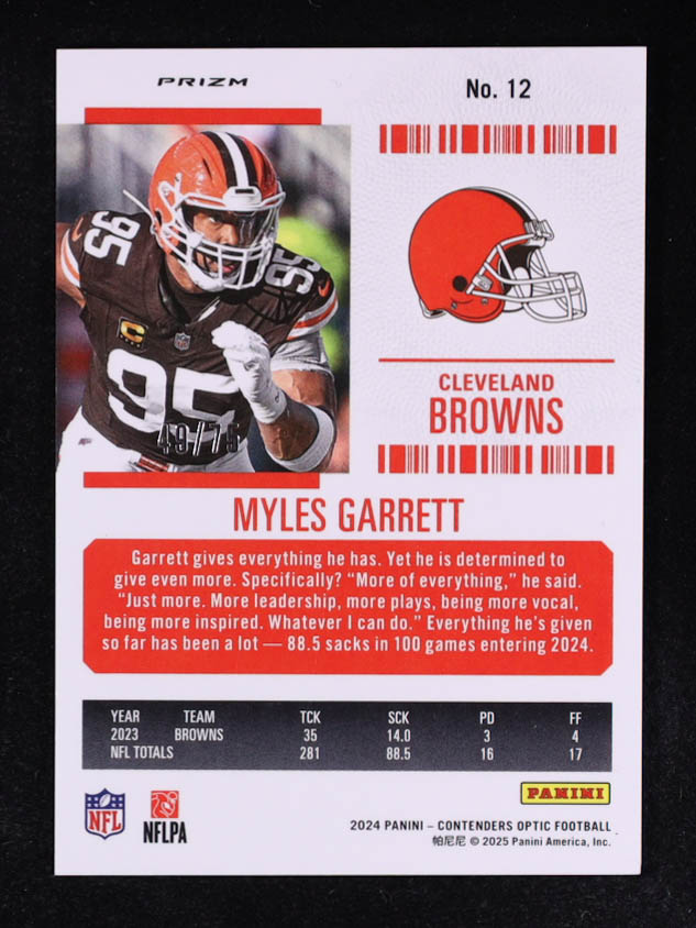 Myles Garrett 2024 Panini Contenders Optic Orange #12 #49/75 at PristineAuction.com Myles Garrett 2024 Panini Contenders Optic Orange #12 #49/75 at PristineAuction.com