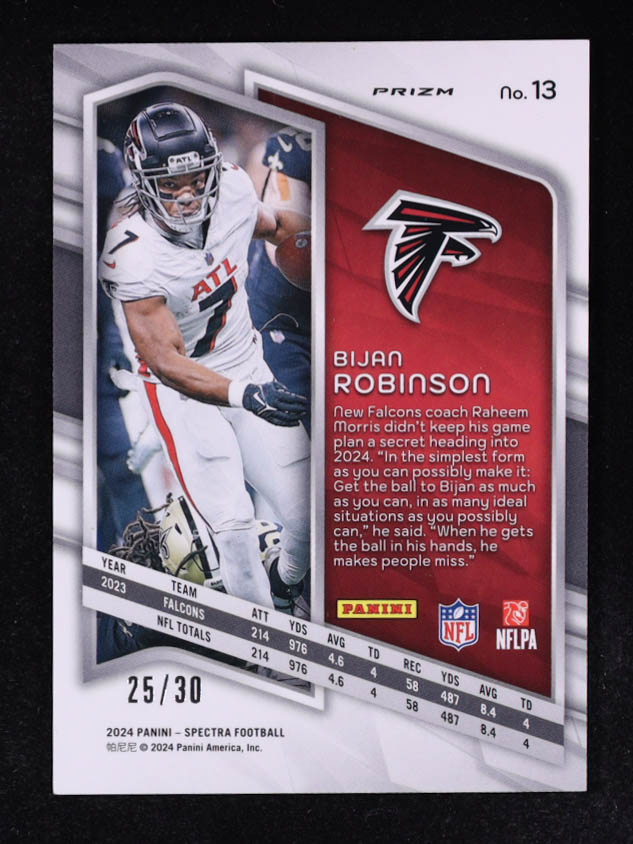 Bijan Robinson 2024 Panini Spectra Spectris #13 #25/30 at PristineAuction.com Bijan Robinson 2024 Panini Spectra Spectris #13 #25/30 at PristineAuction.com