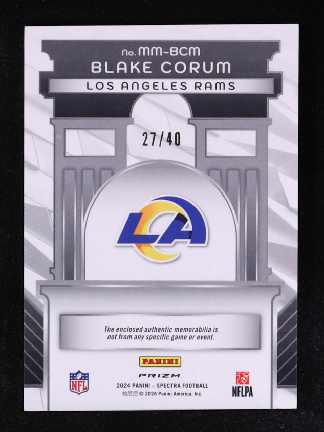 Blake Corum 2024 Panini Spectra Monumental Memorabilia Astral #33 #27/40 RC at PristineAuction.com Blake Corum 2024 Panini Spectra Monumental Memorabilia Astral #33 #27/40 RC at PristineAuction.com