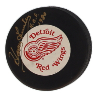 Harry Lumley Signed Red Wings Logo Puck Inscribed "H.O.F. 1980" (PSA) at PristineAuction.com