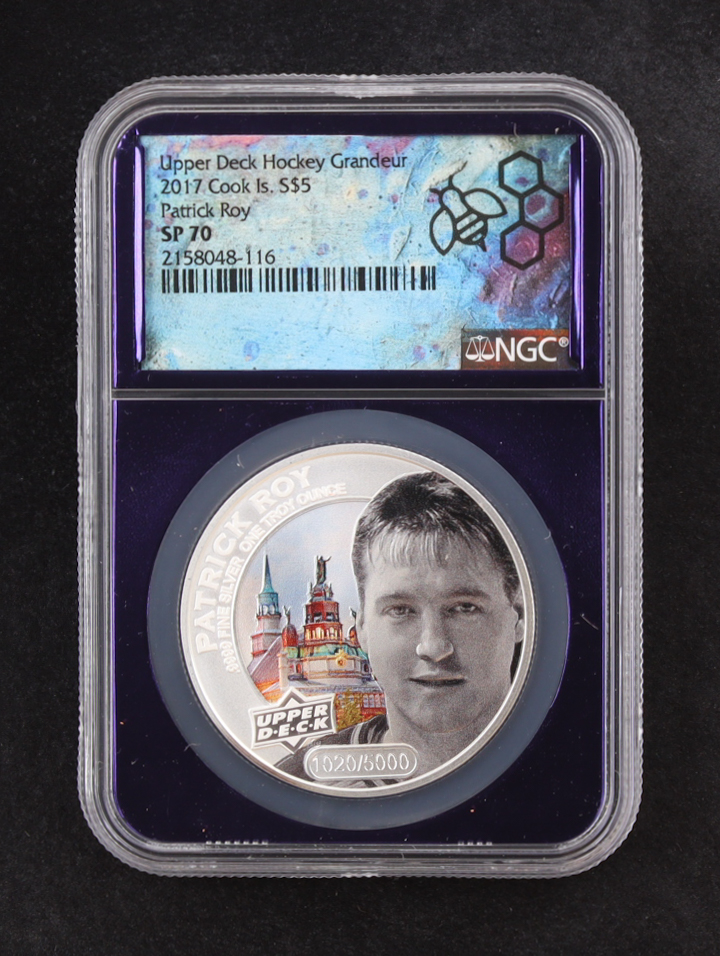 2017 Cook Is. $5 Upper Deck Hockey Grandeur, Patrick Roy - 1oz .9999 Fine Silver - #1020/5000 (NGC SP70) at PristineAuction.com 2017 Cook Is. $5 Upper Deck Hockey Grandeur, Patrick Roy - 1oz .9999 Fine Silver - #1020/5000 (NGC SP70) at PristineAuction.com
