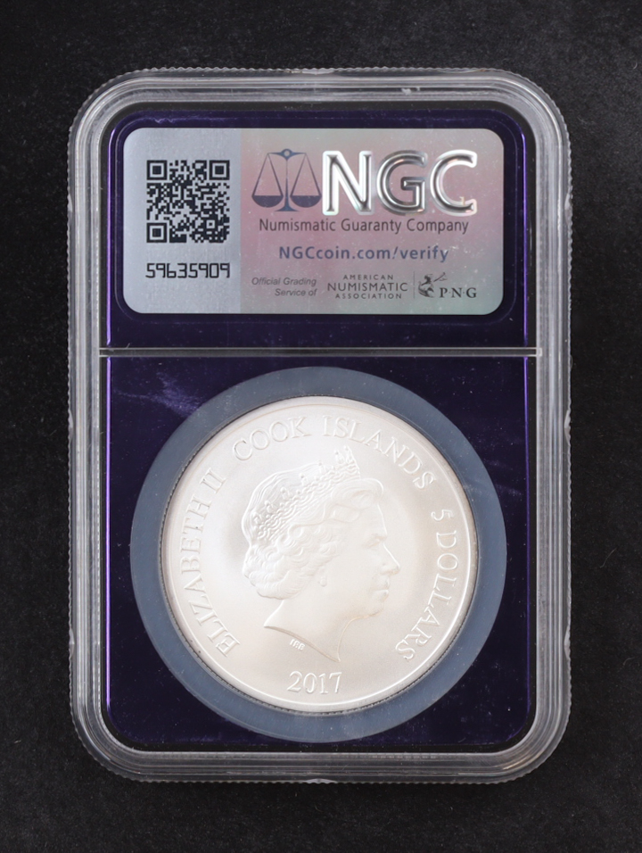 2017 Cook Is. $5 Upper Deck Hockey Grandeur, Patrick Roy - 1oz .9999 Fine Silver - #1020/5000 (NGC SP70) at PristineAuction.com 2017 Cook Is. $5 Upper Deck Hockey Grandeur, Patrick Roy - 1oz .9999 Fine Silver - #1020/5000 (NGC SP70) at PristineAuction.com