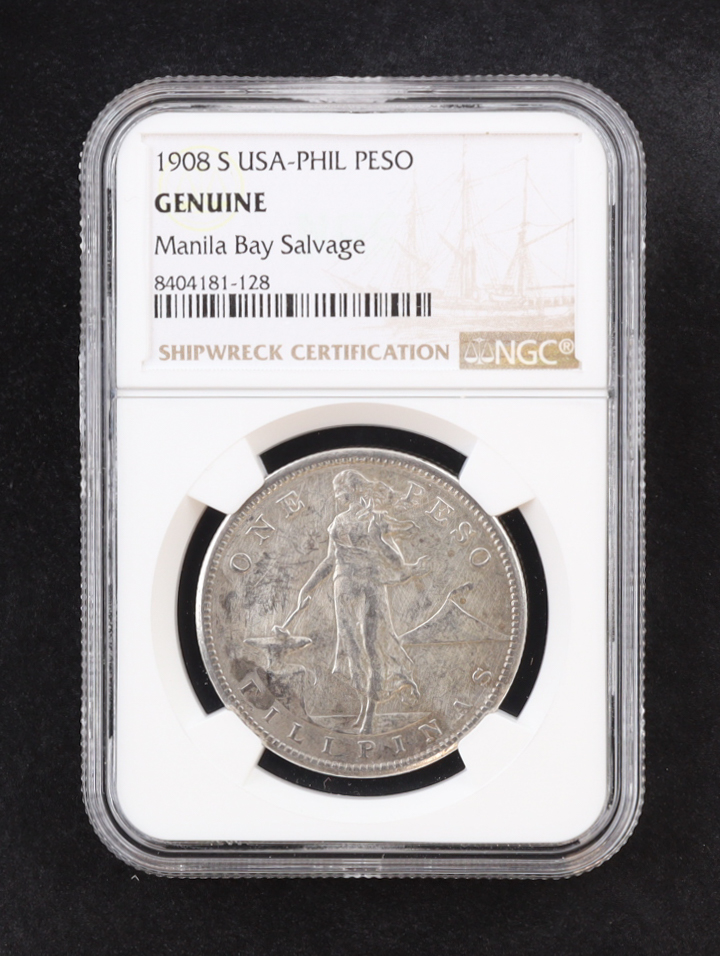 1908-S United States-Philippines Silver Peso, Salvaged from Manila Bay - Shipwreck Certification (NGC Genuine) at PristineAuction.com 1908-S United States-Philippines Silver Peso, Salvaged from Manila Bay - Shipwreck Certification (NGC Genuine) at PristineAuction.com