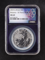 2025 G.Britain £2 Britannia, S.S. Tilawa Privy - Made from WWII Sunken S.S. Tilawa Recovered Silver - 1oz .999 Fine Silver (NGC MS69) at PristineAuction.com