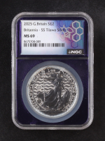 2025 G.Britain £2 Britannia, S.S. Tilawa Privy - Made from WWII Sunken S.S. Tilawa Recovered Silver - 1oz .999 Fine Silver (NGC MS69) at PristineAuction.com
